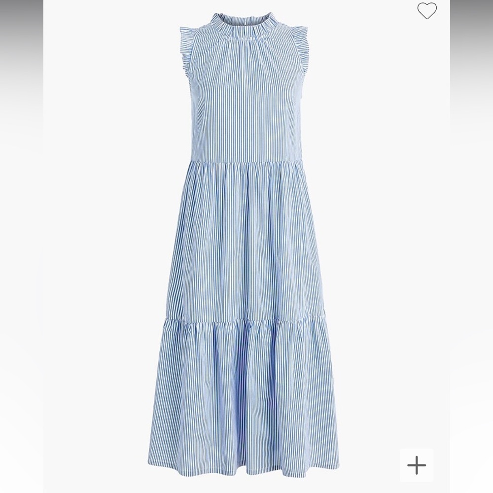 Blue and White Sleeveless Tiered Midi Ruffle Dress with Pockets